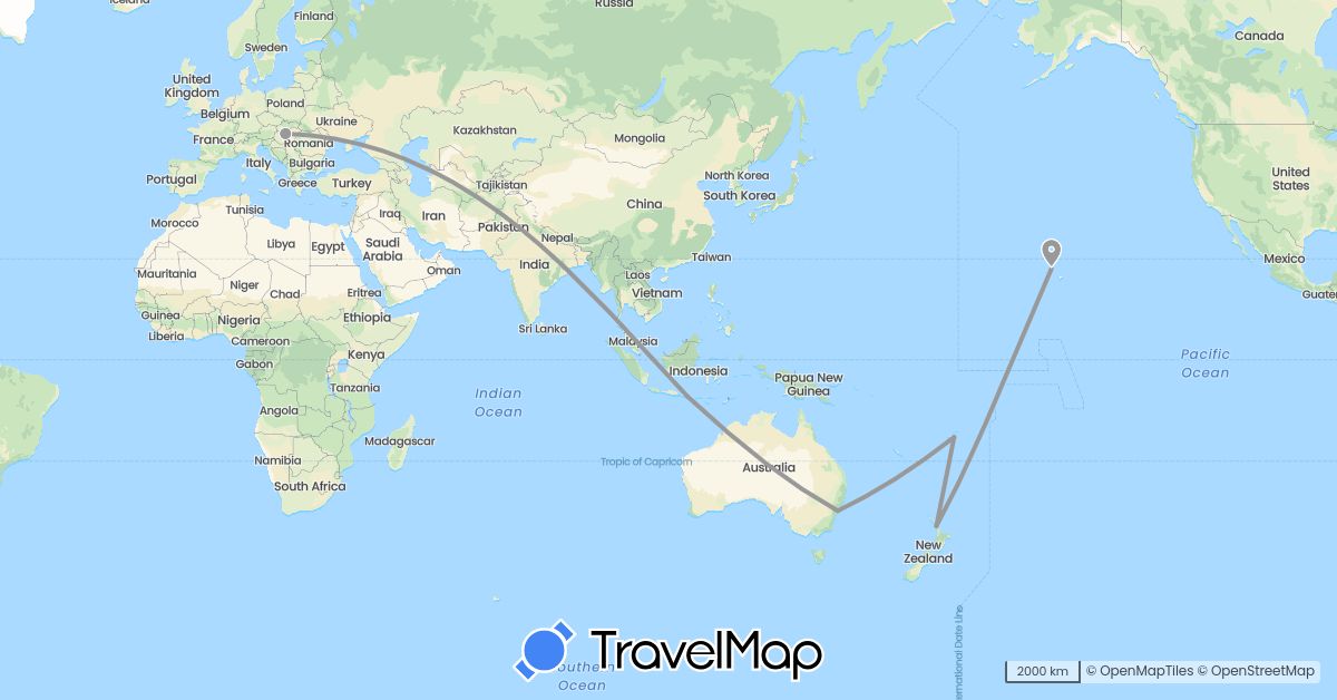 TravelMap itinerary: plane in Australia, Fiji, Hungary, Indonesia, New Zealand, United States (Asia, Europe, North America, Oceania)